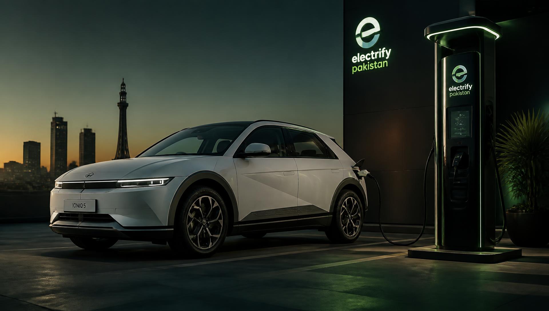 Electric car charging at a GOEV charging station at dusk